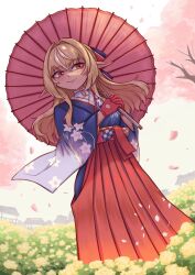 Rule 34 | 1girl, architecture, blonde hair, breasts, butter spoon, cherry blossoms, commentary request, east asian architecture, field, floral print, flower, flower field, gloves, hakama, highres, holding, holding umbrella, hololive, japanese clothes, long hair, medium breasts, oil-paper umbrella, petals, pointy ears, red eyes, red gloves, red hakama, shiranui flare, smile, solo, umbrella, virtual youtuber, wide sleeves