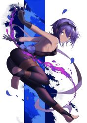 Rule 34 | 1girl, ankle wrap, ass, bad feet, bare shoulders, barefoot, black legwear, breasts, dark skin, dark-skinned female, fate/grand order, fate/prototype, fate/prototype: fragments of blue and silver, fate (series), feet, flower, full body, gloves, hairband, hassan of serenity (fate), highres, karlwolf, knife, looking at viewer, purple eyes, purple hair, short hair, simple background, small breasts, soles, solo, weapon, white background