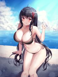 Rule 34 | 1girl, absurdres, ahoge, arm at side, bare shoulders, bendy straw, bikini, black bikini, black hair, blue sky, blush, breasts, cleavage, closed mouth, cloud, cloudy sky, collarbone, commentary request, cowboy shot, cup, day, drinking straw, eyelashes, front-tie bikini top, front-tie top, groin, hair between eyes, hair ornament, halterneck, hand up, highres, holding, holding cup, horizon, large breasts, leaning forward, lens flare, letter, long hair, looking at viewer, love letter, midriff, mua (mua pb), navel, ocean, original, outdoors, red eyes, side-tie bikini bottom, sidelocks, sky, smile, solo, standing, stomach, string bikini, swimsuit, very long hair, water, wet