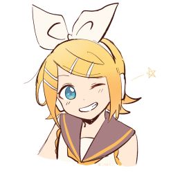 Rule 34 | 1girl, bare shoulders, black collar, blonde hair, blue eyes, bow, collar, commentary, grin, hair bow, hair ornament, hairclip, headphones, highres, kagamine rin, looking at viewer, m0ti, one-hour drawing challenge, one eye closed, portrait, sailor collar, shirt, short hair, smile, solo, star (symbol), swept bangs, twitter username, vocaloid, white background, white bow, white shirt