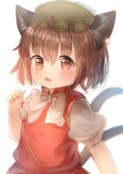 Rule 34 | 1girl, :d, absurdres, bloom, blush, bow, bowtie, brown eyes, brown hair, cat tail, chen, commentary request, fang, fingernails, flat chest, gold trim, green hat, hair between eyes, hand up, hat, highres, long fingernails, looking at viewer, mob cap, multiple tails, nail polish, nekomata, niwaniwatori, open mouth, puffy short sleeves, puffy sleeves, red nails, ribbon, sharp fingernails, short sleeves, simple background, smile, solo, tail, touhou, two tails, upper body, white background, white bow, white bowtie