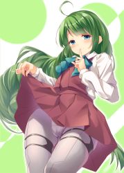 Rule 34 | 10s, 1girl, ahoge, blue eyes, blush, braid, cameltoe, clothes lift, commentary request, dress, finger to mouth, green hair, grey pantyhose, highres, kantai collection, long hair, looking at viewer, mafuyun, mole, mole under mouth, panties, panties under pantyhose, pantyhose, school uniform, shirt, shushing, single braid, skirt, skirt lift, sleeveless, sleeveless dress, smile, solo, underwear, very long hair, white shirt, yuugumo (kancolle)