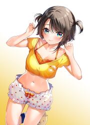 Rule 34 | absurdres, animal slippers, bloomers, blue eyes, blush, bra, bra peek, brown hair, claw pose, cropped shirt, embarrassed, fingernails, twirling hair, highres, hololive, loungewear, midriff, official alternate costume, official alternate hairstyle, oozora subaru, oozora subaru (loungewear), orange bra, polka dot, polka dot bloomers, shirt, short hair, short sleeves, slippers, swept bangs, tsurugi hikaru, two side up, underwear, virtual youtuber, white bloomers, yellow shirt