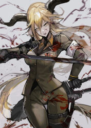 Rule 34 | 1girl, absurdres, animal ear fluff, animal ears, arknights, arm strap, armband, armor, belt, belt buckle, black belt, black gloves, black necktie, blonde hair, blood, blood on cheek, blood on clothes, blood on face, blood spray, bloody weapon, breasts, bright pupils, buckle, buttons, chain, chuhaibane, collared shirt, commentary, cowboy shot, crossed bangs, degenbrecher (arknights), dot nose, double-parted bangs, dress shirt, epaulettes, facing viewer, floating hair, gloves, goat ears, goat girl, goat horns, green jacket, green pants, grey background, hair between eyes, hand on handle, hand up, head tilt, highres, holding, holding sword, holding weapon, horns, jacket, lapels, long bangs, long hair, long sleeves, looking afar, looking to the side, medal, medium breasts, military, military jacket, military uniform, multiple swords, multiple weapons, necktie, notched lapels, open mouth, orange shirt, outstretched arm, pale skin, pants, pauldrons, print armband, scabbard, serious, shadow, sheath, sheathed, shirt, shoulder armor, shoulder pads, sidelocks, sideways glance, single epaulette, single pauldron, solo, standing, straight hair, sword, teeth, thigh belt, thigh strap, tongue, uniform, unsheathed, upper teeth only, v-shaped eyebrows, very long hair, weapon, white armband, white pupils, wing collar, yellow eyes