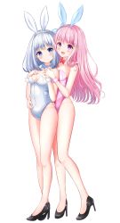 Rule 34 | 2girls, absurdres, animal ears, bare legs, black footwear, blue eyes, blue leotard, blue neckwear, bow, bowtie, commentary request, commission, detached collar, fake animal ears, full body, high heels, highres, leotard, long hair, medium hair, multiple girls, original, pink eyes, pink leotard, pixiv commission, playboy bunny, rabbit ears, rabbit tail, red eyes, red neckwear, silver hair, simple background, standing, strapless, strapless leotard, tail, ustn (usatan), white background, wrist cuffs