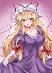 Rule 34 | 1girl, :p, blonde hair, blush, breasts, cleavage, clothes lift, collarbone, commentary request, contrapposto, cowboy shot, dress, elbow gloves, gloves, gradient background, hair between eyes, hair ribbon, hat, hat ribbon, highres, ibuibuyou, large breasts, lifted by self, long hair, looking at viewer, mob cap, neck ribbon, parted lips, partial commentary, pink eyes, puffy short sleeves, puffy sleeves, purple background, purple dress, red ribbon, ribbon, short sleeves, sidelocks, signature, skirt, skirt lift, solo, standing, tongue, tongue out, touhou, tress ribbon, very long hair, white gloves, white hat, yakumo yukari