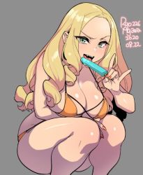 Rule 34 | 1girl, 2020, agawa ryou, bikini, blonde hair, breasts, cleavage, commentary, dated, fangs, food, green eyes, grey background, large breasts, long hair, looking at viewer, orange bikini, original, popsicle, signature, simple background, solo, swimsuit, thighs