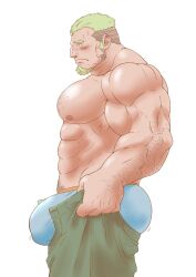 Rule 34 | 1boy, abs, absurdres, arm hair, ass, bara, beard, biceps, blonde hair, blue male underwear, blush, bulge, bulge lift, chest hair, dressing, facial hair, feet out of frame, from side, goatee, green pants, hairy, highres, i&#039;ve never seen a guy recreate this successfully tbh (meme), large bulge, large pectorals, long sideburns, male focus, male underwear, mature male, meme, minatsumi, motion lines, muscular, muscular male, navel hair, nipples, old, old man, open pants, original, pants, pants lift, pectorals, pout, short hair, sideburns, solo, stomach, thick arms, topless male, triceps, undercut, undersized clothes, underwear