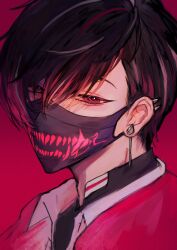 Rule 34 | 1boy, absurdres, asymmetrical bangs, black hair, black mask, brown hair, collared shirt, commentary, covered mouth, ear piercing, earrings, english commentary, eyelashes, glint, hair between eyes, highres, himashu illust, jewelry, looking at viewer, male focus, mask, mouth mask, multicolored hair, nijisanji, nijisanji en, parted bangs, piercing, portrait, red background, red eyes, red hair, shirt, short hair, simple background, solo, spiked ear piercing, spikes, streaked hair, upper body, ver vermillion, virtual youtuber, white shirt