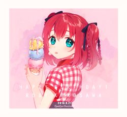Rule 34 | 10s, 1girl, 2016, :p, aqua eyes, border, braid, character name, copyright name, dated, earrings, food, from behind, gingham, hair ribbon, happy birthday, holding, ice cream, ice cream cone, ichinose yukino, jewelry, kurosawa ruby, looking at viewer, looking back, love live!, love live! school idol festival, love live! sunshine!!, pink background, plaid, plaid shirt, red hair, ribbon, shirt, short sleeves, side braid, solo, sprinkles, star-shaped pupils, star (symbol), symbol-shaped pupils, tongue, tongue out, triple scoop, two side up, upper body, waffle cone, white border