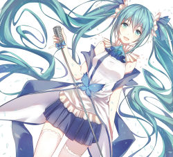 Rule 34 | 1girl, :d, absurdly long hair, blue hair, blue neckerchief, blue ribbon, blue skirt, cowboy shot, dutch angle, floating hair, green eyes, hair between eyes, hair ribbon, hatsune miku, highres, long hair, looking at viewer, miniskirt, neckerchief, open mouth, pleated skirt, ribbon, shirt, simple background, skirt, smile, solo, standing, tatamago, thighhighs, twintails, very long hair, vocaloid, white background, white shirt, white thighhighs, zettai ryouiki
