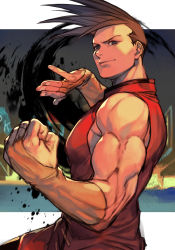 Rule 34 | 1boy, biceps, bridal gauntlets, brown hair, capcom, chinese clothes, clenched hand, closed mouth, fighting stance, fingernails, hungry clicker, inkblot, looking at viewer, male focus, solo, street fighter, street fighter iii (series), upper body, veins, yang lee