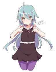 Rule 34 | 1girl, ahoge, bare arms, bare shoulders, black dress, blush, bow, brown bow, closed mouth, dated, dress, green eyes, green hair, hair between eyes, hair bow, long hair, looking at viewer, maze (gochama ze gohan), original, pantyhose, purple pantyhose, signature, simple background, sketch, sleeveless, sleeveless dress, smile, solo, very long hair, white background