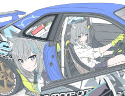 Rule 34 | 1girl, animal ear fluff, animal ears, black gloves, black skirt, blue archive, blue eyes, car, character print, closed mouth, commentary, cross, cross hair ornament, extra ears, gloves, green gloves, hair ornament, inverted cross, itasha, looking at viewer, masabodo, motor vehicle, on vehicle, shiroko (blue archive), shirt, short hair, simple background, sitting, skirt, sleeves past elbows, smile, solo, sports car, steering wheel, two-tone gloves, vehicle request, white background, white shirt, wolf ears, wolf girl