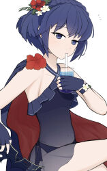 1girl bikini blue_bikini blue_cape blue_eyes blue_gloves blue_hair braid brand_of_the_exalt breasts cape crown_braid cup drinking fingerless_gloves fire_emblem fire_emblem_awakening fire_emblem_heroes flower flower_armlet gloves hair_flower hair_ornament highres holding holding_cup looking_at_viewer lucina_(fire_emblem) lucina_(summer)_(fire_emblem) mask nintendo nonmajime official_alternate_costume official_alternate_hairstyle removing_mask see-through_clothes small_breasts solo swimsuit two-tone_cape white_background