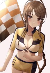 Rule 34 | 1girl, blush, braid, braided ponytail, breasts, brown eyes, checkered flag, cleavage, closed mouth, collarbone, cowboy shot, dutch angle, flag, hair ornament, hairpin, highres, holding, holding jewelry, holding ring, jewelry, large breasts, light rays, long hair, looking at viewer, midriff, miniskirt, navel, noi (noi nonnon), nukigee mitai na shima ni sunderu watashi wa dou surya ii desu ka?, parted bangs, race queen, ring, simple background, skirt, smile, solo, standing, tadasugawa rei, very long hair, white background, yellow skirt