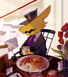 Rule 34 | a hat in time, black suit, breakfast, coffee, conductor (a hat in time), fang, flower, food, formal, fried egg, highres, nasubeen, necktie, open mouth, pancake, purple necktie, reptilian, rose, sausage, suit, table