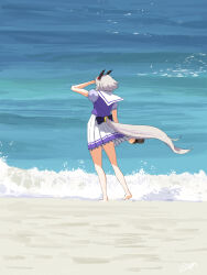 Rule 34 | 1girl, 4me 4ma, absurdres, animal ears, barefoot, beach, clothing cutout, curren chan (umamusume), day, from behind, full body, grey hair, hand up, highres, holding, holding shoes, horse ears, horse girl, horse tail, ocean, outdoors, pleated skirt, purple shirt, sailor collar, sand, school uniform, shading eyes, shirt, shoes, short hair, short sleeves, skirt, solo, standing, tail, tail through clothes, textless version, tracen school uniform, umamusume, water, white skirt