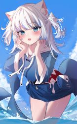 Rule 34 | 1girl, animal ear fluff, animal ears, animal hood, blue hair, blue hood, blue sky, blush, cat ears, cloud, fang, fins, fish tail, gawr gura, highres, hololive, hololive english, hood, looking at viewer, medium hair, multicolored hair, open mouth, shark girl, shark hood, shark tail, skin fang, sky, solo, streaked hair, ta si (sita 0225), tail, twintails, virtual youtuber, wading, water, white hair