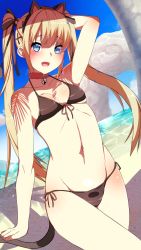 Rule 34 | 1girl, absurdres, animal ears, arm behind head, arm up, bare arms, bare shoulders, beach, bell, bikini, black bikini, blonde hair, blue eyes, blue sky, blush, breasts, cat ears, cat tail, choker, cloud, commentary request, day, dead or alive, dead or alive 5, dead or alive xtreme, fake animal ears, fake tail, front-tie bikini top, front-tie top, hair ornament, hairclip, highres, long hair, looking at viewer, marie rose, navel, nishisan (mikurosu), open mouth, outdoors, sand, shore, side-tie bikini bottom, sky, small breasts, solo, standing, stomach, swimsuit, tail, twintails