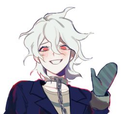 Rule 34 | 1boy, ahoge, bad id, bad twitter id, black jacket, blush, chain, collar, commentary request, cropped shoulders, danganronpa (series), danganronpa another episode: ultra despair girls, gloves, grey hair, grin, hand up, jacket, komaeda nagito, long sleeves, looking at viewer, male focus, medium hair, messy hair, metal collar, official alternate costume, red eyes, servant (danganronpa), shirt, simple background, sketch, smile, solo, striped clothes, striped shirt, upper body, white background, yp (pypy 5 )