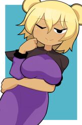 Rule 34 | 1girl, alternate color, alternate form, animal ears, arm under breasts, black capelet, blonde hair, blue background, blush, breasts, capelet, closed eyes, closed mouth, commentary request, cookie (touhou), cowboy shot, dark-skinned female, dark skin, dress, dutch angle, hair between eyes, hospital king, large breasts, long bangs, mouse ears, mouse girl, nazrin, nyon (cookie), one eye closed, purple dress, short hair, smile, solo, touhou, two-tone background, white background