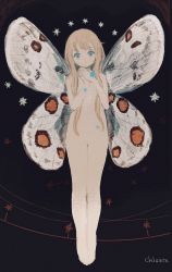 Rule 34 | 1girl, blonde hair, blue eyes, chisato charme, completely nude, fairy, female focus, full body, highres, insect wings, long hair, looking at viewer, moth wings, no nipples, no pussy, nude, original, signature, solo, very long hair, wings