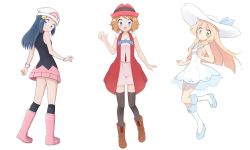 Rule 34 | 3girls, bad id, bad twitter id, blush, boots, bracelet, brown footwear, clenched hands, commentary request, creatures (company), dawn (pokemon), dress, game freak, hair ornament, hairclip, hand up, hat, highres, jewelry, kouzuki (reshika213), light brown hair, lillie (pokemon), long hair, looking at viewer, multiple girls, nintendo, open mouth, over-kneehighs, pink footwear, pokemon, pokemon (anime), pokemon dppt (anime), pokemon sm (anime), pokemon xy (anime), serena (pokemon), shoes, smile, socks, thighhighs, waving, white background, white dress, white headwear