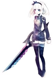 Rule 34 | 1girl, black thighhighs, blue eyes, character request, clenched hand, copyright request, dress, hairband, heterochromia, highres, looking to the side, muted color, purple eyes, riuichi, simple background, sketch, solo, standing, sweater, sweater dress, sword, thighhighs, turtleneck, weapon, white background, white hair