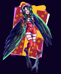 Rule 34 | 1girl, absurdres, artist name, bell, bird legs, black feathers, black hair, black wings, braid, breasts, cleavage, commentary, commission, dress, english commentary, feathered wings, feathers, glasses, hair ornament, harpy, hat, highres, karasu tengu (monster girl encyclopedia), large breasts, monster girl, monster girl encyclopedia, neck bell, open mouth, pinkpio1, pointy ears, pom pom (clothes), red thighhighs, santa dress, santa hat, solo, talons, thighhighs, twin braids, winged arms, wings
