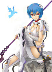 Rule 34 | 1girl, ayanami rei, bad id, bad pixiv id, bandages, bident, bird, blue hair, bodysuit, breasts, cable, cleavage, highres, kyouka1108, lance, lance of longinus (evangelion), leg up, neon genesis evangelion, plugsuit, polearm, red eyes, short hair, simple background, sitting, solo, spear, super plugsuit, tail, thighhighs, weapon