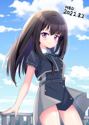 Rule 34 | 1girl, absurdres, ao (flowerclasse), black dress, black hair, blue bow, blue sky, blush, bow, breasts, closed mouth, cloud, commentary request, dated, day, dress, happy birthday, highres, inoue takina, long hair, lycoris recoil, medium breasts, outdoors, pleated dress, puffy short sleeves, puffy sleeves, purple eyes, railing, short sleeves, sky, smile, solo, very long hair