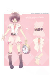 Rule 34 | 1girl, alice in wonderland, alternate costume, animal ears, belt, bespectacled, black hair, blue hallelujah, boots, rabbit ears, carrot, character name, character sheet, female focus, full body, glasses, heart, inaba tewi, solo, standing, touhou, watch, white rabbit (alice in wonderland), wristwatch