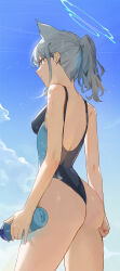 Rule 34 | 1girl, absurdres, animal ears, ass, backless swimsuit, blue archive, bottle, breasts, competition swimsuit, earrings, grey hair, halo, highres, holding, holding bottle, jewelry, kji (rozo), looking ahead, medium breasts, official alternate costume, one-piece swimsuit, outdoors, ponytail, shiroko (blue archive), shiroko (swimsuit) (blue archive), smile, solo, stud earrings, swimsuit, two-tone one-piece swimsuit, water drop, wolf ears