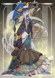 Rule 34 | 1girl, absurdres, ascot, balance scale, black cape, black footwear, blue dress, blue flower, blue gloves, blue hat, blue rose, blunt ends, brown dress, cape, dress, erc, flower, flower trim, full body, gloves, grey hair, hair over one eye, hat, hat flower, highres, holding scale, libra (zodiac), long hair, looking at viewer, mermaid dress, original, parted lips, rose, smile, solo, standing, very long hair, weighing scale, wide sleeves, witch, witch hat, yellow eyes, yellow flower, yellow rose, zodiac
