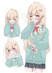 Rule 34 | 1girl, ahoge, blonde hair, blue eyes, blush, bow, bowtie, braid, closed mouth, daizu 8432, hair ornament, holding, hololive, juice box, kazama iroha, long hair, looking at viewer, open mouth, scarf, school uniform, smile, solo, sweater, virtual youtuber