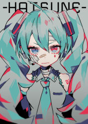 Rule 34 | 1girl, ahoge, bandage on face, bandaged neck, bandages, bandaid, bandaid on face, bandaid on forehead, blue eyes, blue necktie, character name, closed mouth, commentary, detached sleeves, eyelashes, hair between eyes, hatsune miku, headphones, long hair, necktie, number tattoo, pipipiosuke, pocket, solo, straight-on, tattoo, twintails, v-shaped eyebrows, vocaloid