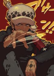 Rule 34 | 1boy, black hair, blue eyes, commentary, earrings, edpan, english commentary, fingernails, frown, grey pants, hand tattoo, hat, highres, holding, holding sword, holding weapon, jewelry, katana, long sideburns, long sleeves, looking at viewer, male focus, one piece, outline, pants, red background, short hair, sideburns, sitting, solo, sword, tattoo, trafalgar law, weapon, white hat, yellow outline