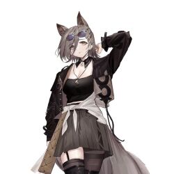 Rule 34 | 1girl, animal ears, arknights, asymmetrical legwear, brown hair, cropped, extra ears, eyewear on head, fashion, jacket, jewelry, long sleeves, mismatched legwear, necklace, penance (arknights), simple background, skirt, solo, standing, sunglasses, tail, third-party edit, third-party source, white background, wolf ears, wolf girl, wolf tail, yellow eyes, yuanqi (chriu)