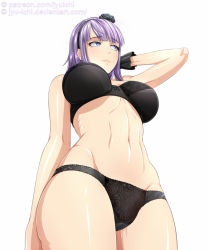Rule 34 | 10s, 1girl, bare shoulders, black bra, black panties, blue eyes, blush, bow, bow panties, bra, breasts, breasts apart, closed mouth, dagashi kashi, eyebrows, eyelashes, female focus, flower, from below, gloves, groin, hair flower, hair ornament, hairband, jyu ichi, large breasts, legs together, lips, looking to the side, navel, panties, patreon username, purple hair, shidare hotaru, shiny skin, short hair, simple background, solo, underwear, underwear only, watermark, web address, white background