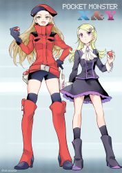 Rule 34 | 10s, 2girls, ace trainer (pokemon), ascot, belt, belt pouch, beret, bike shorts, black gloves, blonde hair, boots, brown eyes, brown hair, copyright name, creatures (company), game freak, gloves, hair ornament, hairclip, hand on own hip, hat, holding, holding poke ball, knee boots, kneehighs, long hair, multiple belts, multiple girls, nintendo, npc trainer, poke ball, pokemon, pokemon ranger (pokemon), pokemon xy, pouch, purple eyes, shinoasa, skirt, socks, thighhighs