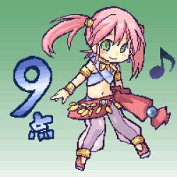 Rule 34 | 1girl, anklet, atlus, bard (sekaiju), blush, etrian odyssey, full body, green background, green eyes, jewelry, looking at viewer, lowres, midriff, musical note, navel, oekaki, pink hair, pote (ptkan), see-through, short hair, simple background, solo, stomach, twintails