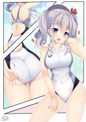 Rule 34 | 10s, 1girl, absurdres, arena (company), ass, beret, blue eyes, competition swimsuit, cowboy shot, from behind, hat, highres, kantai collection, kashima (kancolle), looking at viewer, multiple views, natsumiya yuzu, one-piece swimsuit, open mouth, silver hair, swimsuit, twintails, wavy hair, white one-piece swimsuit