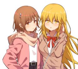 Rule 34 | 2girls, arm at side, arm up, bag, belt, black skirt, blonde hair, blush, bow, breasts, brown eyes, brown hair, brown jacket, brown scarf, buttons, chain, closed mouth, expressionless, hair ornament, hairclip, hand in own hair, hand on another&#039;s back, handbag, highres, jacket, long hair, maisuiren, medium breasts, misaka mikoto, multiple girls, official alternate costume, open mouth, pink jacket, red bow, scarf, school uniform, shirt, shokuhou misaki, short hair, skirt, star-shaped pupils, star (symbol), symbol-shaped pupils, toaru majutsu no index, tokiwadai school uniform, turtleneck, upper body, white background, white shirt, winter uniform, yellow eyes
