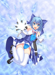 Rule 34 | 1girl, adapted costume, black gloves, blue dress, blue eyes, blue one-piece swimsuit, blue skirt, bow, capelet, cirno, dress, elbow gloves, female focus, gloves, hair bow, hisui (stapspats), ice, ice wings, icicle, looking at viewer, mary janes, one-piece swimsuit, open mouth, outstretched arm, outstretched hand, shoes, skirt, sleeveless, sleeveless dress, smile, solo, swimsuit, swimsuit under clothes, thighhighs, touhou, tsurime, upskirt, white thighhighs, wings, wrist cuffs