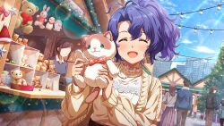 Rule 34 | alternate hairstyle, blue hair, brown hair, building, closed eyes, cloud, faceless, game cg, holding, idolmaster, idolmaster million live!, idolmaster million live! theater days, official art, open mouth, ponytail, star (symbol), stuffed animal, stuffed toy, teddy bear, toyokawa fuka, tree