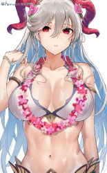 Rule 34 | 1girl, bare shoulders, bikini, blue hair, breasts, cleavage, curled horns, fire emblem, fire emblem heroes, flower, flower necklace, freyja (fire emblem), goat horns, grey hair, hair between eyes, haru (nakajou-28), highres, horns, jewelry, large breasts, long hair, looking at viewer, multicolored hair, navel, necklace, nintendo, official alternate costume, red eyes, red horns, simple background, solo, stomach, swimsuit, twitter username, two-tone hair, upper body, very long hair, wet, white background, white bikini