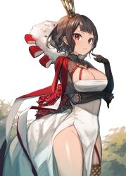 Rule 34 | 1girl, black gloves, black hair, breasts, cleavage, cleavage cutout, closed mouth, clothing cutout, crown, dress, elbow gloves, flower, gloves, hand up, heart, heart o-ring, highres, large breasts, long sleeves, looking at viewer, mini crown, mole, mole on breast, original, red eyes, red flower, red rose, rose, short hair, shrug (clothing), solo, standing, white background, white dress, yu-ri (arium047)
