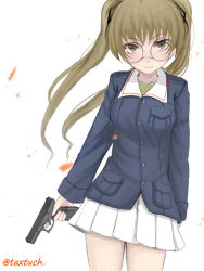 Rule 34 | 10s, 1girl, black ribbon, blue jacket, blurry, brown eyes, brown hair, closed mouth, commentary, cowboy shot, depth of field, girls und panzer, glasses, glock, green shirt, gun, hair ribbon, handgun, highres, holding, holding gun, holding weapon, jacket, long hair, long sleeves, looking at viewer, military, military uniform, miniskirt, one-hour drawing challenge, ooarai military uniform, oono aya, pleated skirt, ribbon, round eyewear, shirt, skirt, smile, solo, standing, tacch, trigger discipline, twintails, twitter username, uniform, weapon, white skirt, wind