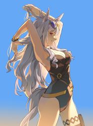 Rule 34 | 1girl, absurdres, animal ears, armpits, arms up, black one-piece swimsuit, breasts, cleavage, eyewear on head, from side, gold ship (run revolt launcher) (umamusume), gold ship (umamusume), grey hair, highres, horse ears, horse girl, horse tail, large breasts, long hair, looking at viewer, official alternate costume, one-piece swimsuit, red eyes, solo, sunglasses, swimsuit, tail, thigh strap, umamusume, very long hair, wufaxianshi cnd